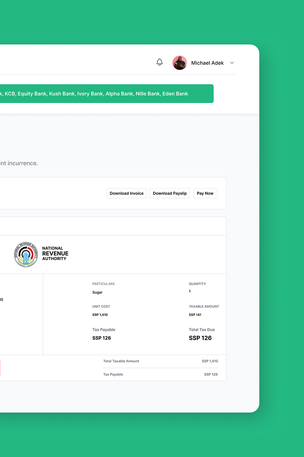 South Sudan National Revenue Authority Dashboard Tax page payment preview