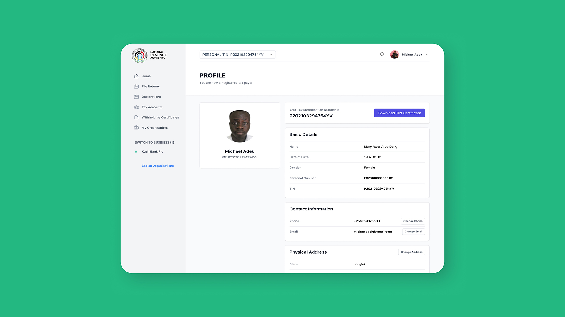 South Sudan National Revenue Authority Dashboard user profile page preview