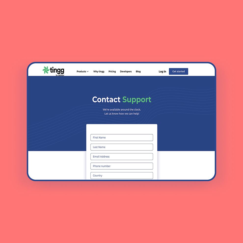 Tingg Website Contact support page